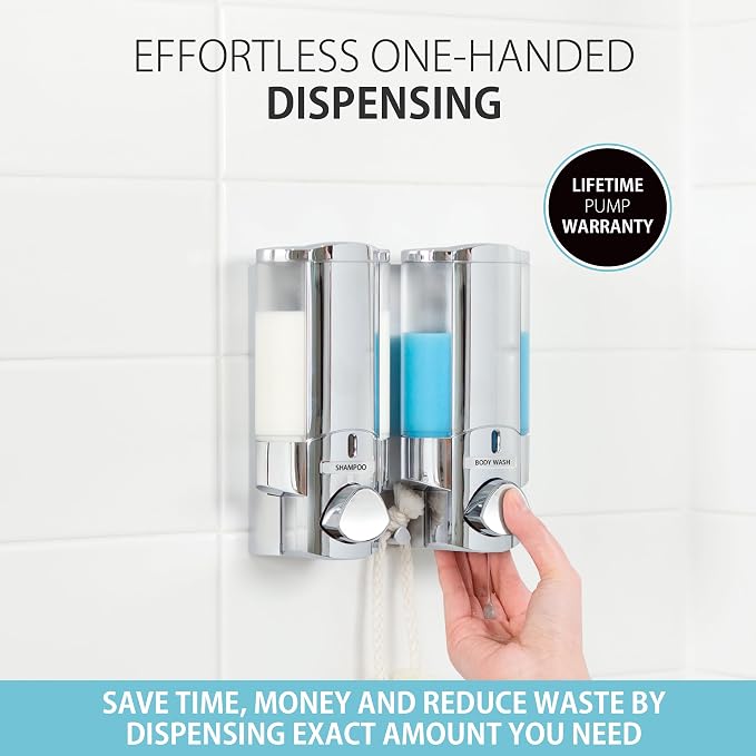 Better Living Products 76245-1 AVIVA Two Chamber Dispenser, Chrome | 2 Chamber, Builet-in Hooks, Flat Wall Installation, No Drill, Shower Soap Pump Dispenser