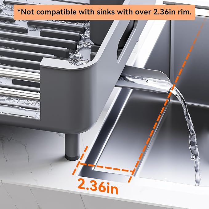 Urackify Stainless Steel Dish Drying Rack - Dish Drainer for Kitchen Counter, Extendable Drainboard with Foldable, Space-Saving Cup & Bowl Organizer, Includes Knife and Utensil Holder, Gray