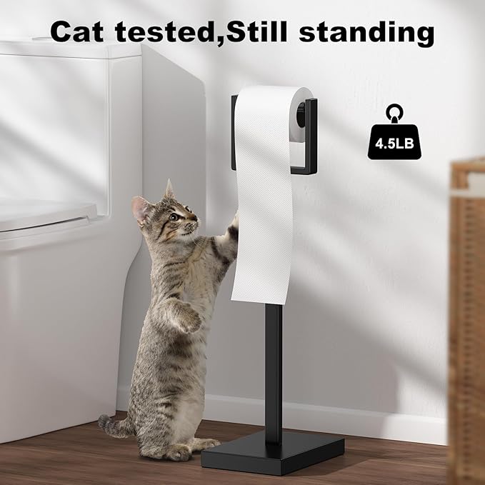 Black Toilet Paper Holder Stand，Stainless Steel Toilet Paper Holder Free Standing，Stable Weighted Base Floor Tissue Roll Holder for Bathroom，Modern Pivoting Toilet Paper Stand