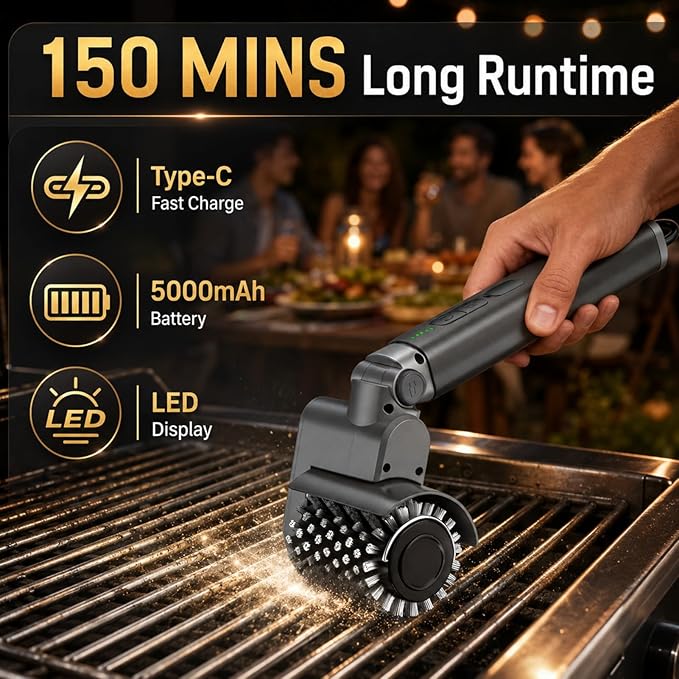 Upgraded Cordless Electric Grill Brush, Electric Grill Cleaner for Outdoor Grill & Electric BBQ Grill Brush with Powerful Motor, Rechargeable, Adjustable Angle – Perfect for Removing Burnt-On Grease