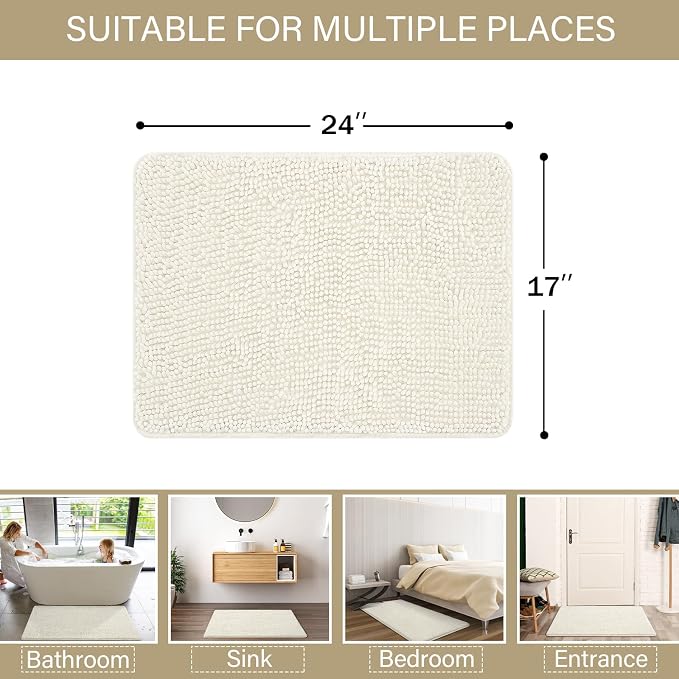 LOCHAS Luxury Bathroom Rug Shaggy Bath Mat 24 x 17 Inch, Cream White | Washable Non Slip Bath Rugs for Bathroom Shower, Soft Plush Chenille Absorbent Carpets
