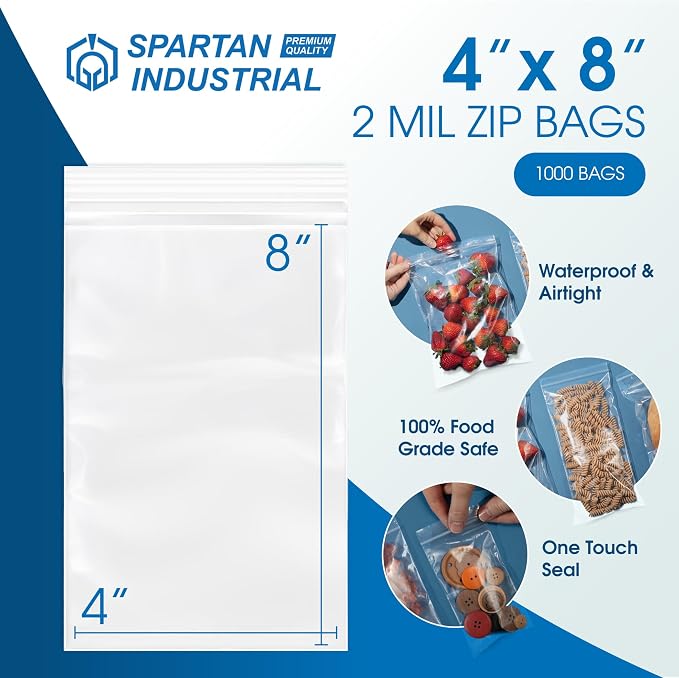 Spartan Industrial - 4” X 8” (1000 Count) 2 Mil Clear Reclosable Zip Plastic Poly Bags with Resealable Lock Seal Zipper