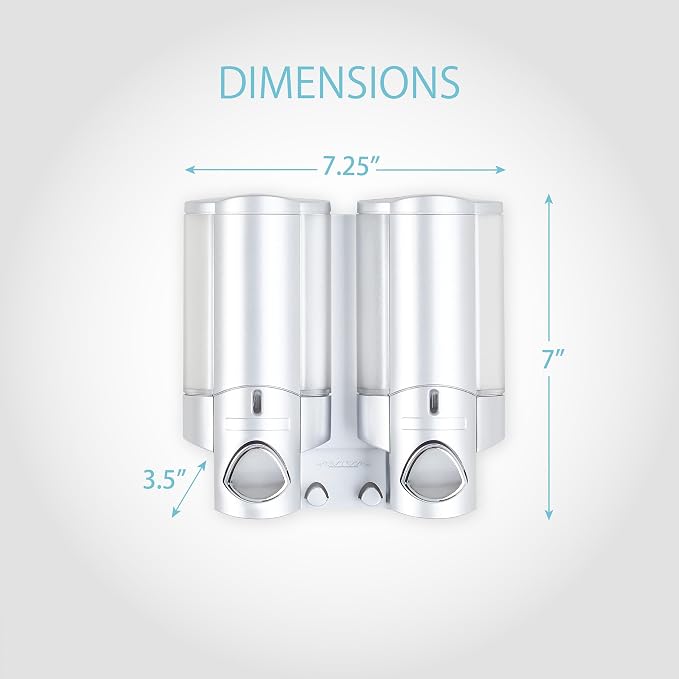 Better Living Aviva Wall Mount Shower Dispenser, 2 x 11oz, Satin Silver | 2 Chamber, Shampoo, Conditioner, Body Wash and Soap Dispenser, Built-in Hooks, No Drill, Waterproof Shampoo Soap Dispenser