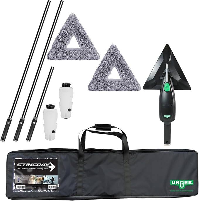Unger Commercial Microfiber Indoor Glass Cleaning Kit - 11' Stingray Deluxe Refillable Cleaning Set - Extended Reach for Indoor Glass and Surfaces - SRKB7