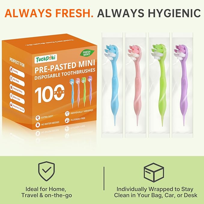 100-Pack Pre-Pasted Mini Travel Toothbrushes, Individually Wrapped Bulk Pack, Disposable Toothbrushes with Toothpaste, Waterless Single-Use Extra Soft Bristle for Adults, Travel & Braces