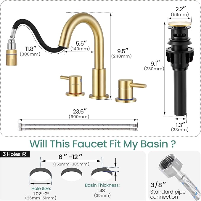Brushed Gold Bathroom Faucet 3 Hole with Pull Out Sprayer, 8 inch Widespread Bathroom Faucets with Pop Up Drain, Bathroom Sink Faucet with 360° Swivel Spout, 2 Handle Vanity Faucet