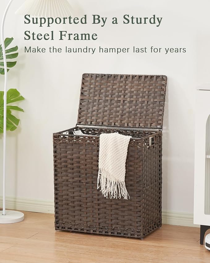 SETVSON Laundry Hamper with Lid Wicker Laundry Basket 112L PE, Brown | Large Family Clothes Sorter Trunk with Lid, 3 Compartment Washable Liners, 6 Mesh Bags, Collapsible Steel Frame