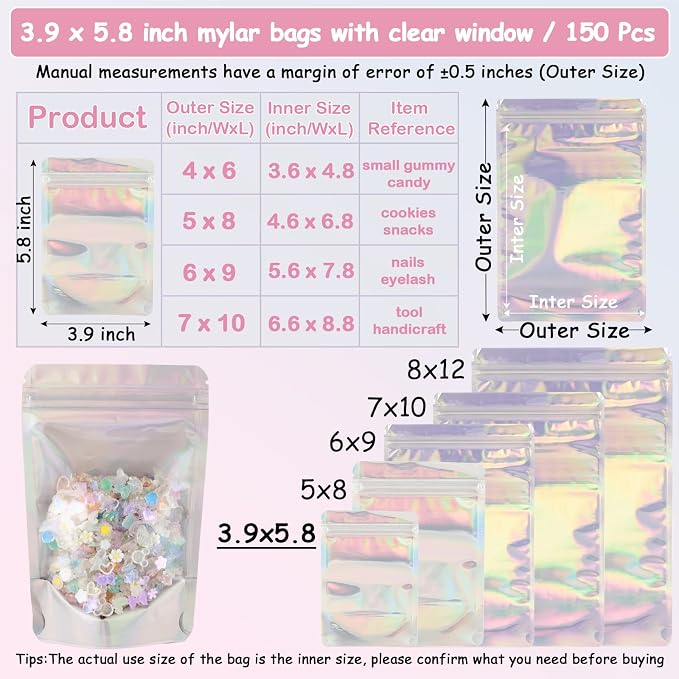150 Pcs Mylar Bags for Food Storage, 4x6 Mylar Bag with Window Stand Up, Small Holographic Resealable Bags Smell Proof Bag Food Packaging for Small Business Freeze Dried Candy Jewelry Foil Packaging