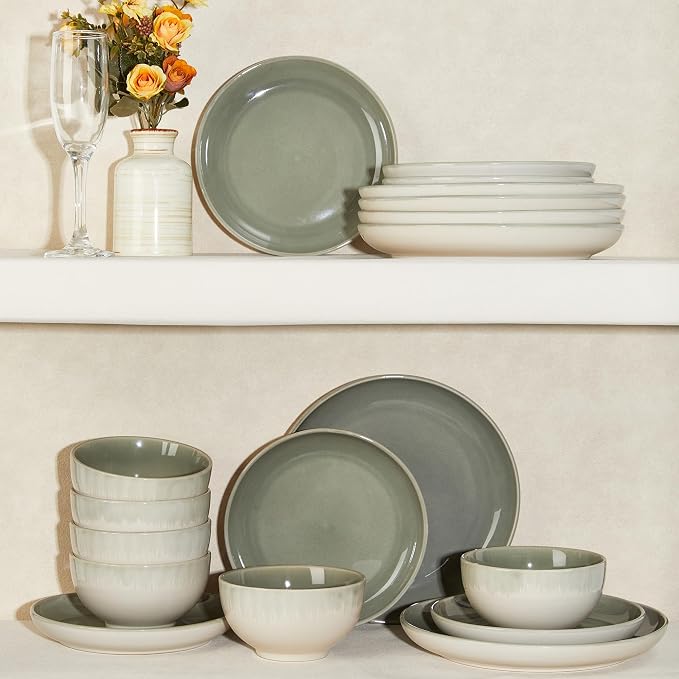 32 Piece Double Bowl Dinnerware Sets with Pasta Bowls, Highly Chip and Crack Resistant Plates and Bowls Sets, Natural Earthyware Ceramic Dishware Sets, Service for 8 Gradient Green