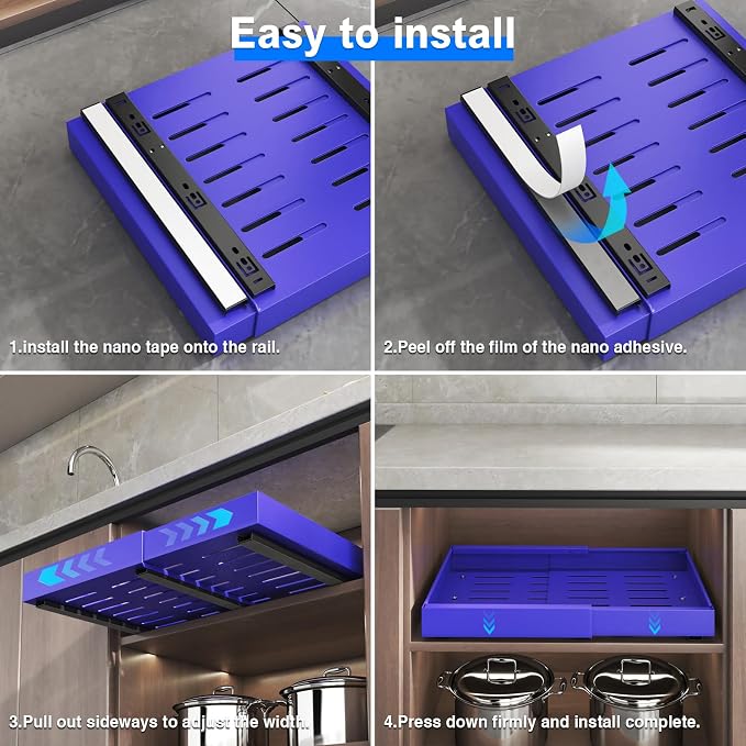 Mustorn 2 Pack Pull Out Cabinet Organizer, Expandable Slide Out Drawers for Kitchen Cabinets Peel and Stick Pullout Drawer Heavy Duty Sliding Shelves for Cupboard, Pantry, Bathroom(16.5" Deep, Blue)