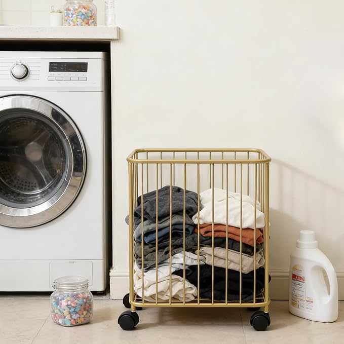 Gold Laundry Basket, Metal Laundry Hamper with Wheels, Rolling Storage Cart, Large Capacity Clothes Organizer, 77Lbs Load, Modern Hollow Design for Bedroom, Bathroom, 15.7x9.8x15.7In