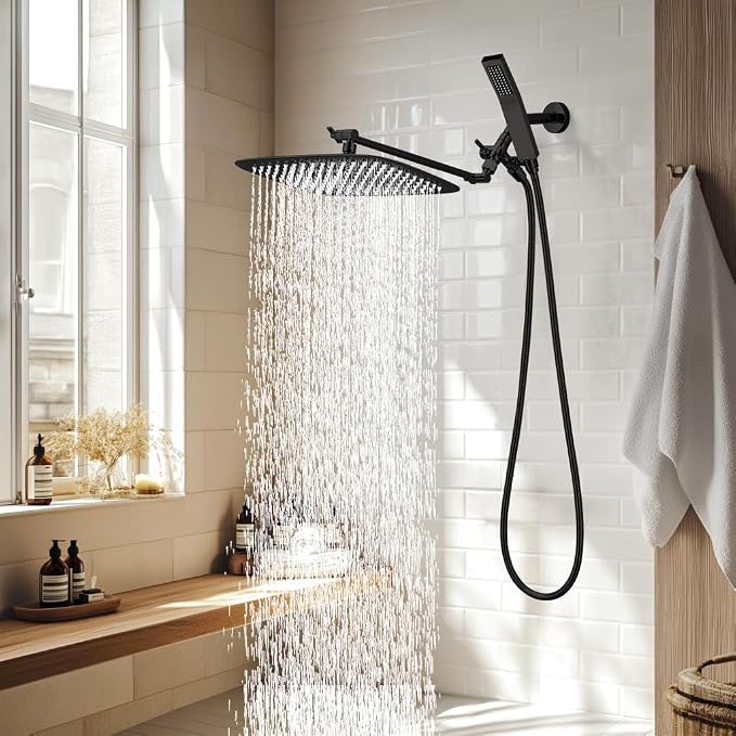 G-Promise All Metal 14 Inch Dual Square Shower Head with Handheld Spray Combo, Rain Shower Head, Adjustable Extension Arm, 3-Way Diverter, 71 Inch Extra Long Hose - A Bathroom Upgrade (Matte Black)