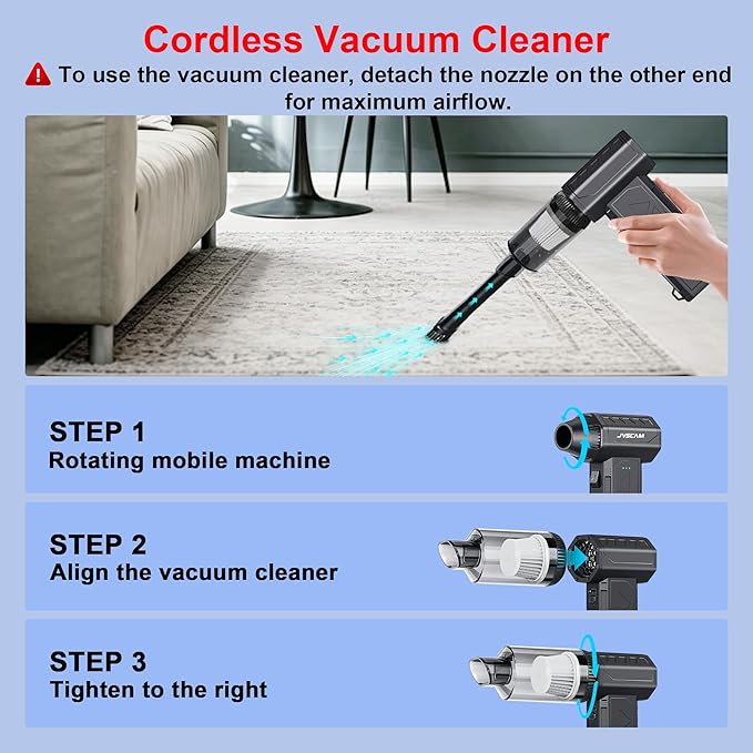 JVSCAM Compressed Air Duster,150000RPM Electric Air Duster, Vacuum Cleaner & Bag Vacuum 3-in-1, Rechargeable with 3-Gear Adjustable Wind Speed for Keyboard,Computer,Car,Home and Storage Bag Sealing