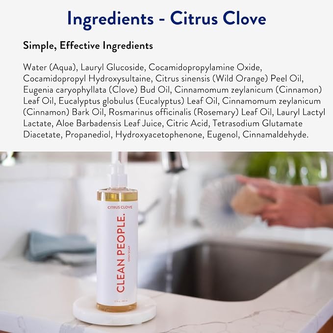 THE CLEAN PEOPLE Liquid Dish Soap - Clean, Simple Ingredients - Extra Scrubbing Power (Citrus Clove Scent) 12 fl. oz (6 Pack)