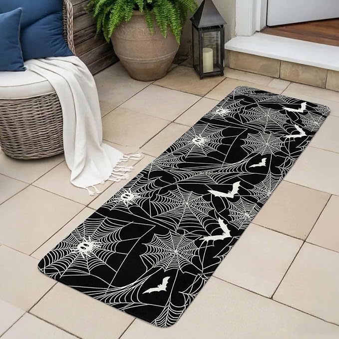 Halloween Bathroom Runner Rugs Non Slip Washable Absorbent Narrow Long Bath Mat Black Scary White Bat Animal Net Geometric Runner Rugs for Kitchen Hallway Bedroom Laundry Study Room 15.7"x47.2"