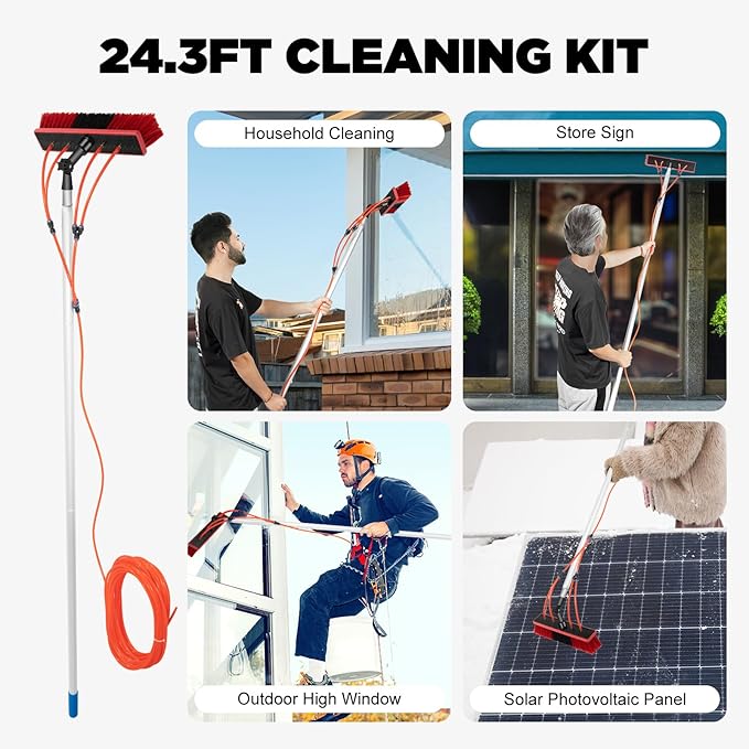 26 Ft Water Fed Pole Kit, Water Fed Brush, Outdoor Tall Window Cleaner Car Glass Solar Panel Cleaning System, Cleaning Brush Tool Extendable Pole Kit Washer Duster Washing Tool
