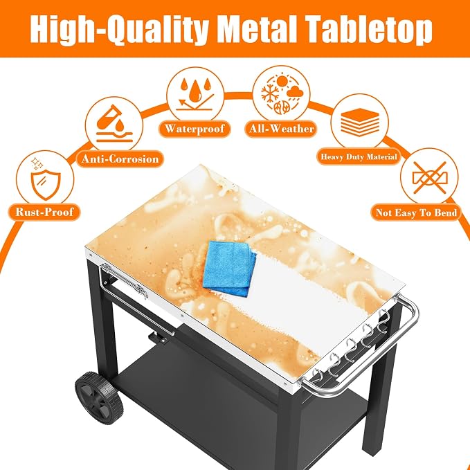Grill Table, Movable Dining Cart, Pizza Oven Table Stand, Double-Shelf Grill Stand, Food Prep and Work Cart with Wheels, Hooks, Fits for Blackstone Ninja