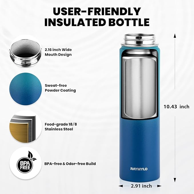 RAYMYLO Insulated Water Bottle 24 oz, Triple Wall Vacuum Stainless Steel (Cold for 24Hrs, Hot for 12Hrs), Leak Proof & Non-BPA, Modern Water Flask Jug with Paracord Handle & Straw Spout Lids
