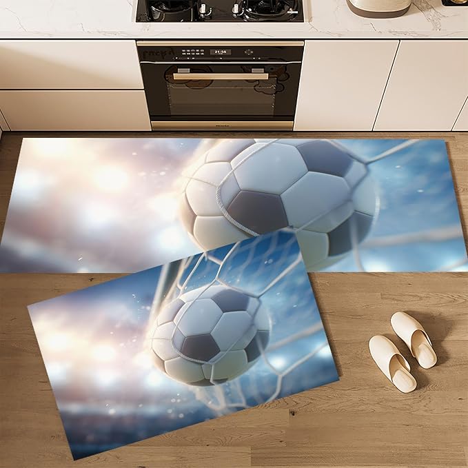 Sports Realism Style Kitchen Rug Set 2 Pieces, Non-Slip and Washable Kitchen Runner Mat Soccer Flies Into Net Standing Mats for Hallway, Dining Room and Entryway - 17.3"x30"+17.3"x47", Blue