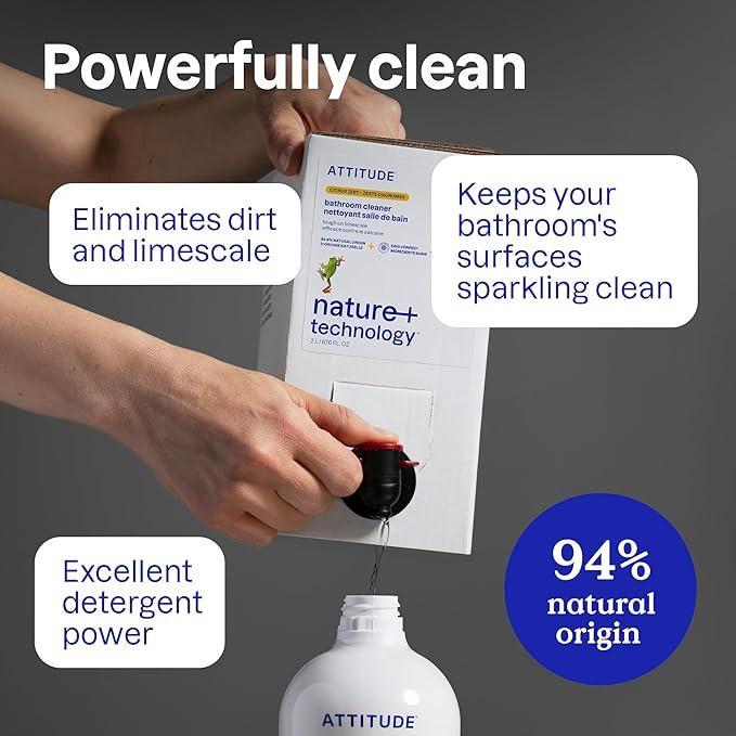 ATTITUDE Bathroom Cleaner Spray, EWG Verified, Plant-Based & Vegan, Safe for Bathroom Surfaces, Tiles, Tubs, Shower Walls, and Grout, Unscented, 27.1 Fl Oz (Pack of 6)