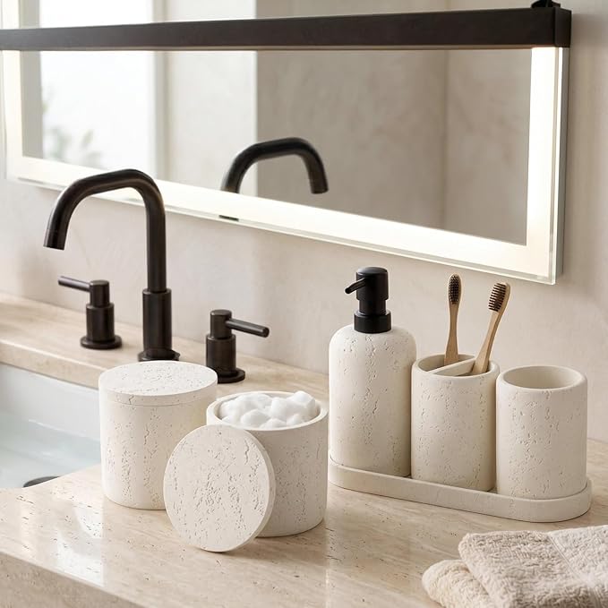 Bathroom Accessories Set,4 PCS Travertine Stone Look Collection,Cream | Modern Bath Organizer with 13.53OZ Soap Dispenser,Toothbrush Holder,Tumbler,Vanity Tray,2PCS Cotton Swab Jars for Countertop