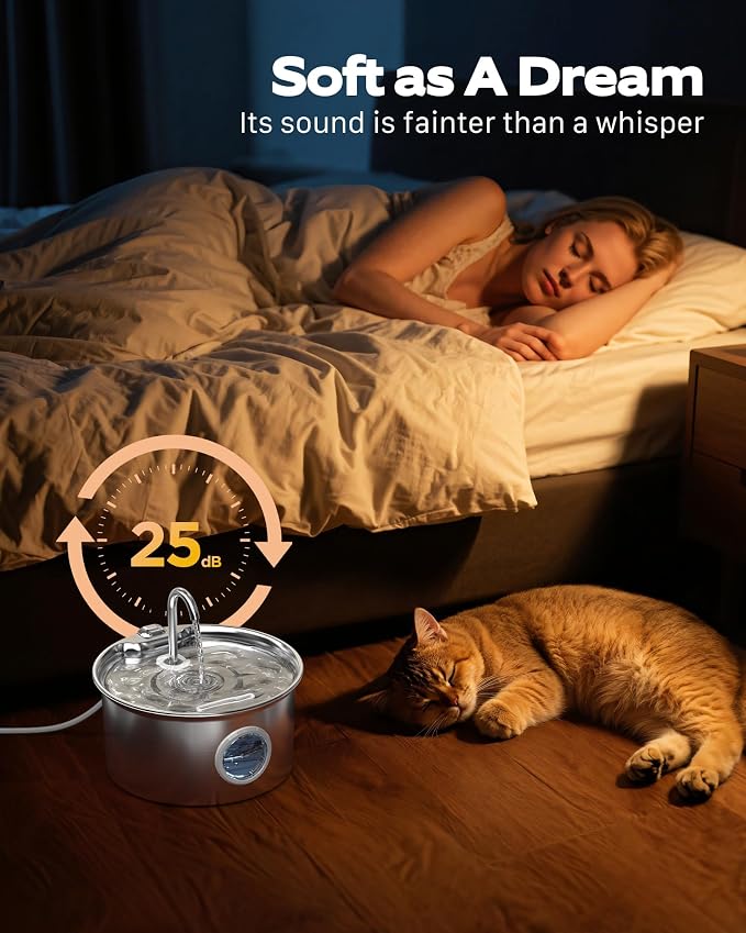 Pet Water Fountain Stainless Steel: Mental Cat Water Fountains with 8 Filters + 8 Sponges - 88oz/2.6L Noiseless Cats Waterer Bowl Dispenser - ATMZIQXR Kitten Drinking Fountains for Cats Indoor