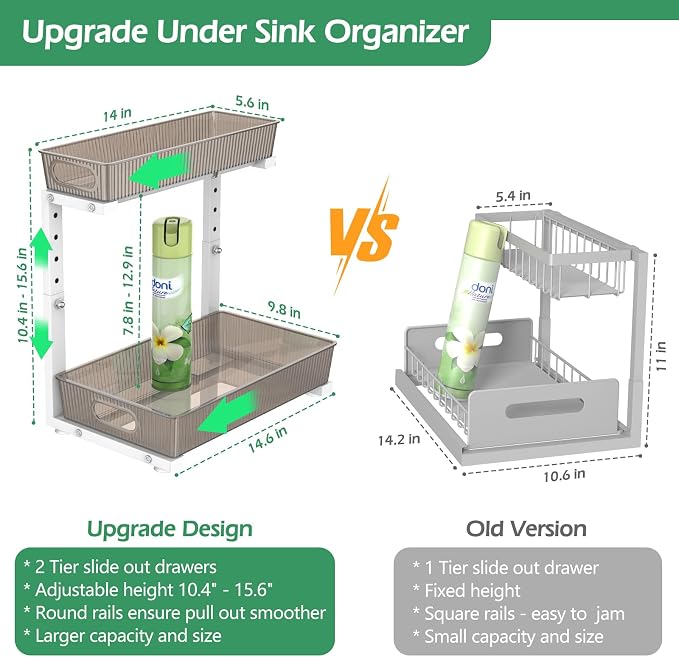 ADRIMER Under Sink Organizer 2 Packs, Pull Out Kitchen Sink Organizer, 2 Tier Slide Out Kitchen Organizers and Storage Bathroom Under Cabinet Storage Shelf, Grey & White