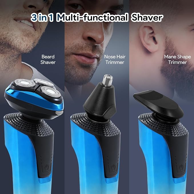 Electric Razor for Men, Rechargeable Waterproof Men Electric Shaver, Wet & Dry Shaving with Cordless Beard, Nose Hair Trimmer, 1 Hour Fast Charging (Blue)