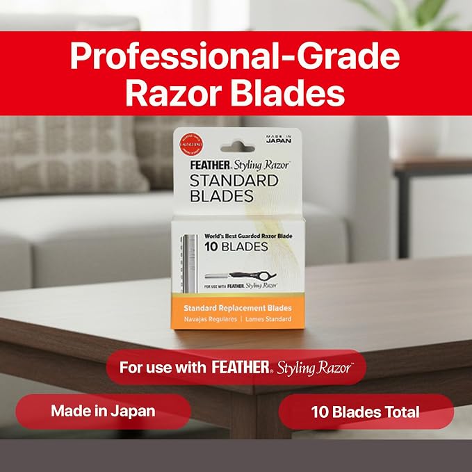 Feather Styling Razor Standard Blades - Hair Cutting Replacement Pack 10 Ct | Guarded Single Edge Stainless Steel Blades for Styling, Thinning & Shaping, Japan-Made Professional Haircut Refill Pack