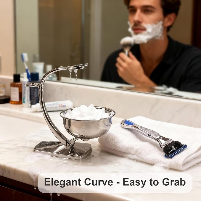 GRUTTI Shaving Bowl and Stand Set with Magnetic Base - 304 Steel Bowl & Chrome-Plated Alloy Stand, All-in-One Storage, Fits Most Razors & Brushes (Bowl & Stand Only)