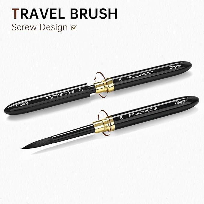 Fuumuui Travel Watercolor Brushes - 3pcs Dual-Tip with 6 Versatile Tip Styles - Premium Synthetic Squirrel Hair Travel Paint Brush Set for Plein Air Painting - Watercolor Acrylic Gouache Ink
