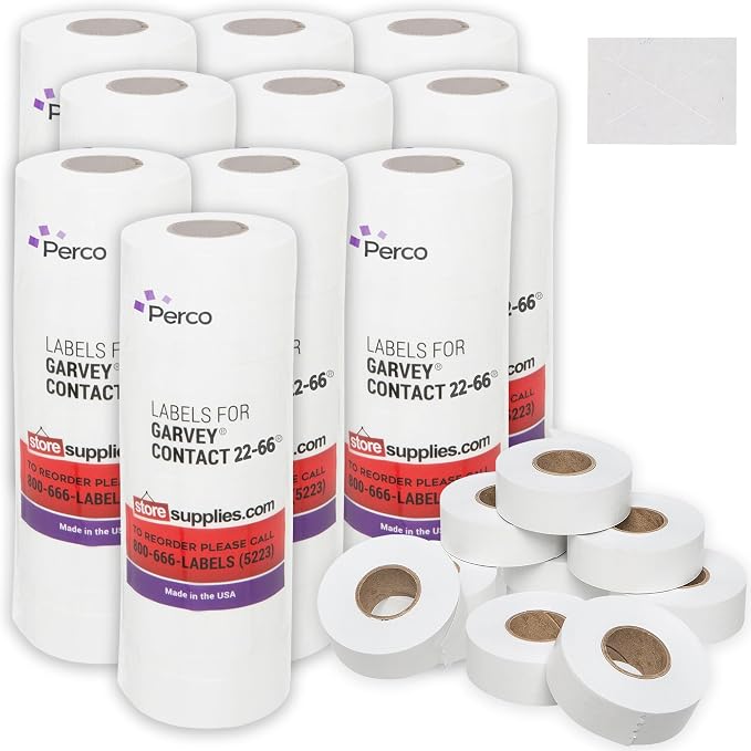 Perco White Price Marking Labels - 90,000 Blank Labels for Garvey 22-66/22-77/22-88 Two Line Pricing Gun with Ink Rolls Included - 90 Rolls, 10 Sleeves - Made in USA