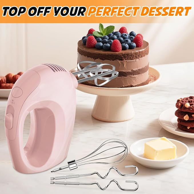 Handmixer Electric Handheld - 5 Speed Portable Kitchen Mixer Electric with 5 Stainless Steel Accessories Whisk, Food Beater for Whipping Mixing Cookies(Pink)