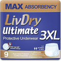LivDry Ultimate 3XL Adult Incontinence Underwear, Max Absorbent Diapers for Women and Men, XXXL 72” -92" Waist, Leak Proof Cuff, XXX-Large, 9 Count