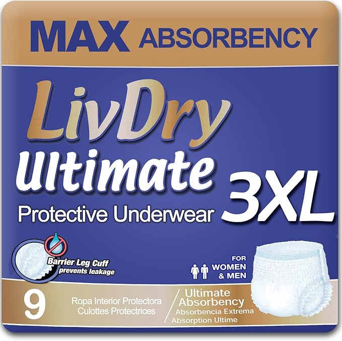 LivDry Ultimate 3XL Adult Incontinence Underwear, Max Absorbent Diapers for Women and Men, XXXL 72” -92" Waist, Leak Proof Cuff, XXX-Large, 9 Count