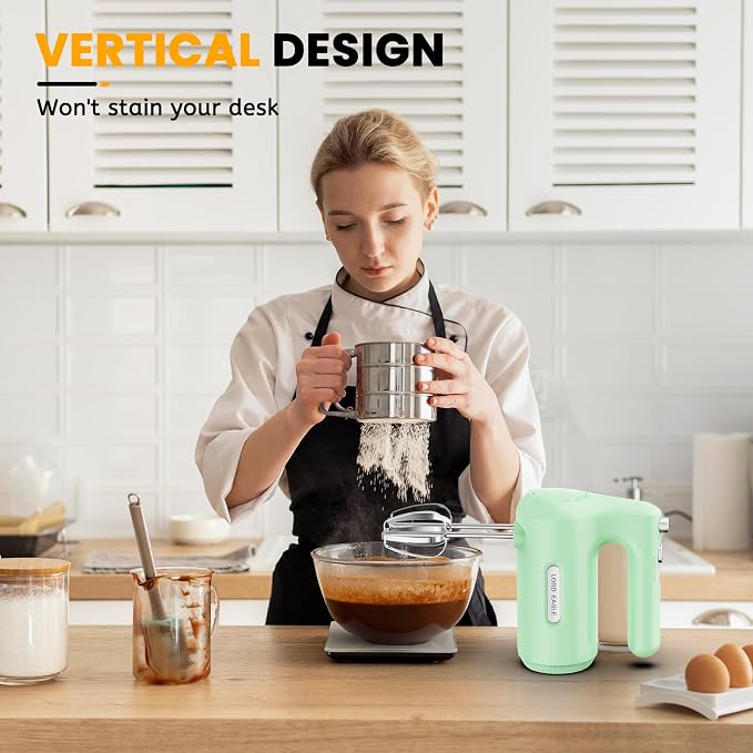 Lord Eagle 5-Speed Hand Mixer Electric, 300W Compact Handheld Mixer, Portable Kitchen Egg Beater with 5 Attachments & Storage Bag, Cake Supplies for Bread Dough Baking, Lightweight, Green