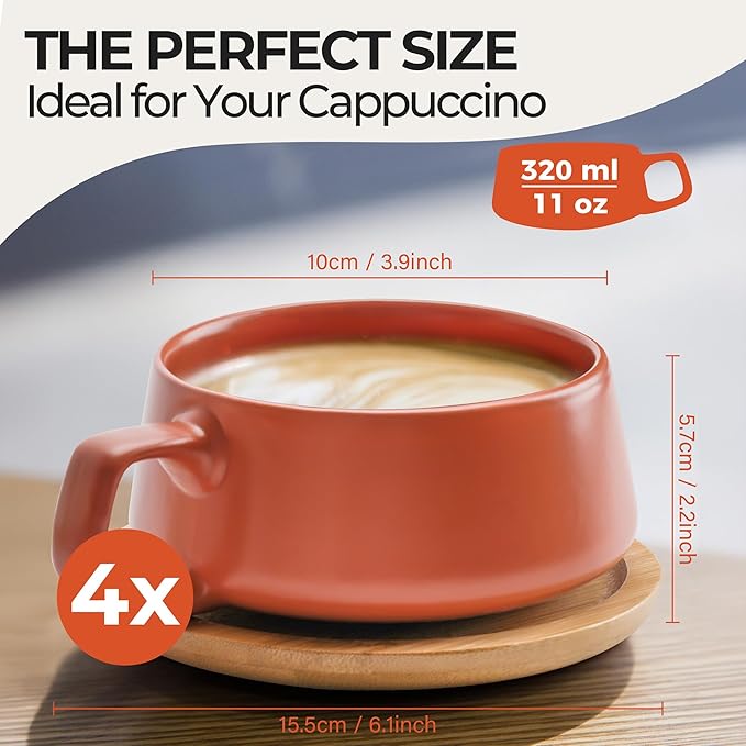 MIAMIO - Cappuccino Cup Set of 4, Ceramic (11oz) - Luxe (Beige Pastel) | Ceramic cappuccino cups and saucers, wide latte cups and mugs for Americano, 4-piece set of ceramic cups, dishwasher safe