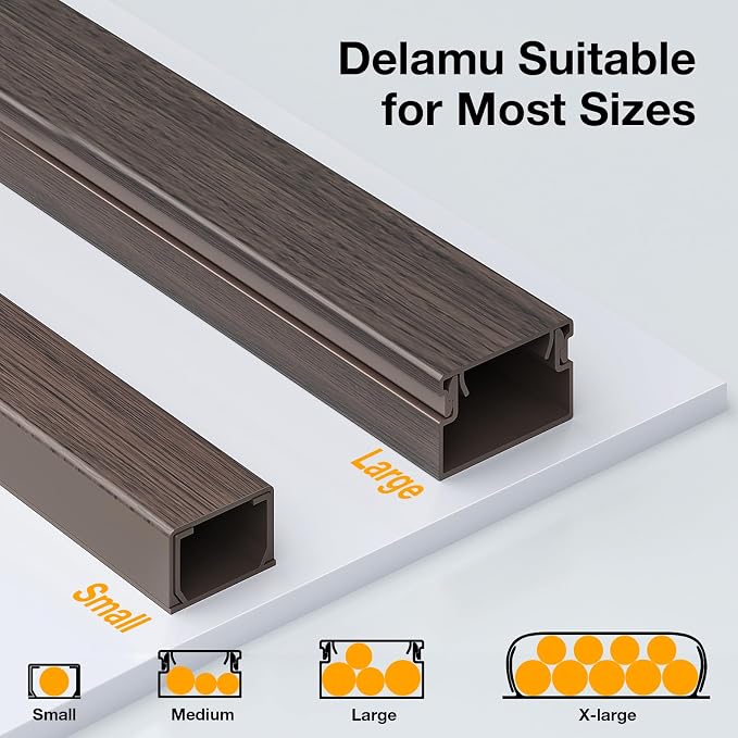 Delamu 157in Cord Covers for Wires on Wall, One-Cord Cord Hider, TV Cord Hider for Wall Mounted TV, Wire Hider Wire Covers for Cords on Wall, Cable Management for Home & Office, W0.55 H0.4in, DarkWood