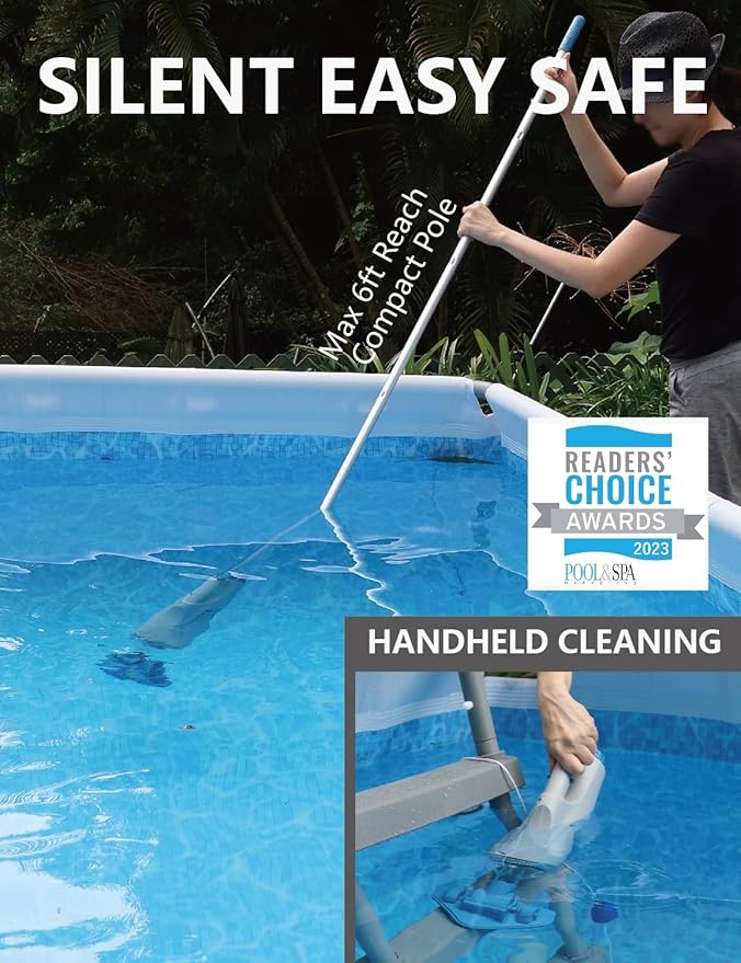 KOKIDO Cordless Handheld Pool Vacuum for Above Ground Pool, with 6ft Pole and 2 Vac Brush Heads, Ideal for Spot Cleaning Small Inground Pool Spa up to 20ft, Rechargeable, 60min, Sand and Light Debris