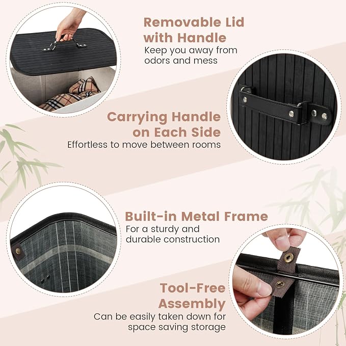 Giantex Bamboo Laundry Hamper with Lid Removable Liner & Handles | 72L Large & Tall Clothes Hamper, Rectangular Laundry Basket for Small Spaces, Laundry Room, Bedroom, Black