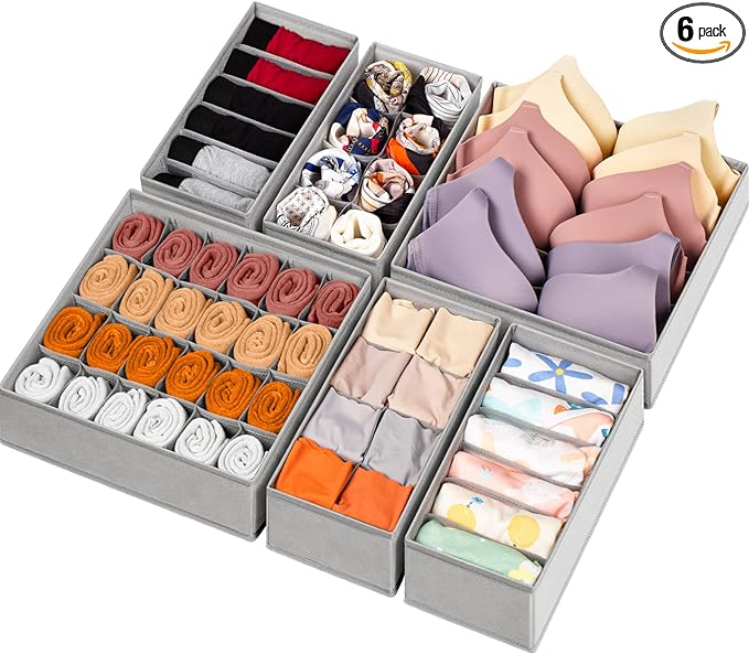 Criusia 6 Pack Sock Underwear Drawer Organizer Dividers, 58 Cell Foldable Fabric Dresser Closet Organizers and Storage Bins for Clothing, Baby Clothes, Bra, Panty, Scarf, Ties (Grey)