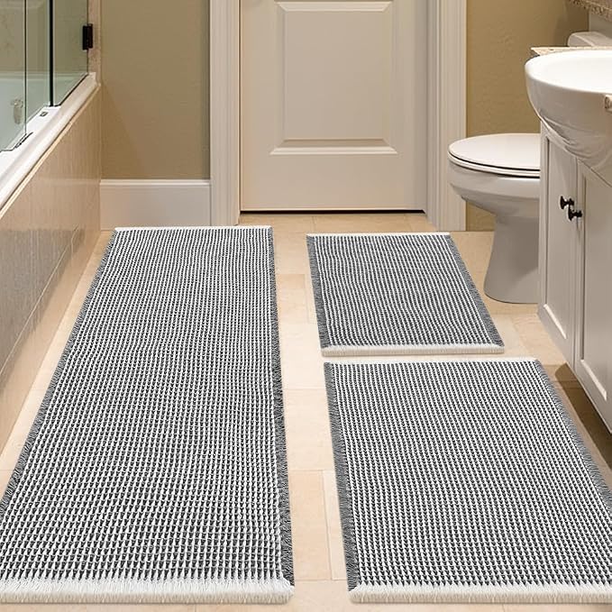 IM HOME Waffle Bath Mat Set 3 Piece Darkgrey & Cream,Woven Modern Bath Rug Mats, Absorbent Non Slip Bath Floor Mat, Soft Washable Boho Bath Rugs with Tassels for Bathroom, Bedroom, Kitchen, Tub
