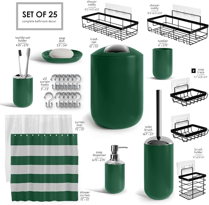 Clara Clark Bathroom Accessories Set - Bathroom Set with Adhesive Corner Shower Caddy Hanging, 25PC Bathroom Accessory Set, Green Shower Curtain Set, Toilet Brush, Trash Can & Soap Dispenser