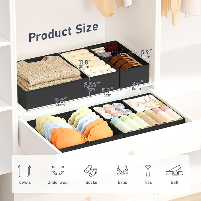 DIMJ Drawer Organizer Clothes, 26Pack Dresser Organizer, Foldable Closet Organizers and Storage, Fabric Dresser Bins, Drawer Dividers for Nursery, Baby Clothes, Underwears, Sock,Black