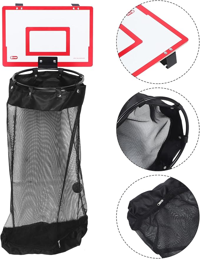 Basketball Hoop with Mesh Bag Laundry Hamper over Door for Dorm Rooms | Wood and Iron Build, Detachable Net, Adhesive Hook Setup, Blankets and Sports Gear