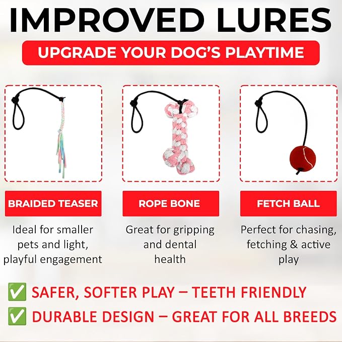 PET Wrangler 2.0 - Upgraded Flirt Pole for Dogs, Interactive Dog Toy with Reinforced 50" Pole &10ft Cord, Creates Extended Play Area, 3 Changeable Lures for Training, Exercise, & Enrichment