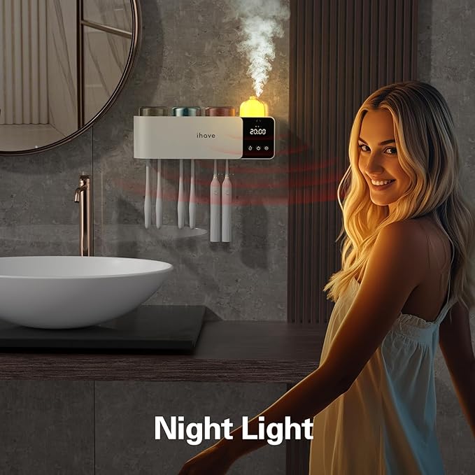 iHave Toothbrush Holders Wall Mounted with Toothbrush Sanitizer &Aromatherapy Diffuser Auto-Cycle Disinfection, Heated Fan Drying, USB Rechargeable, IR Night Light, LED - 3 Cups Bathroom Organizer
