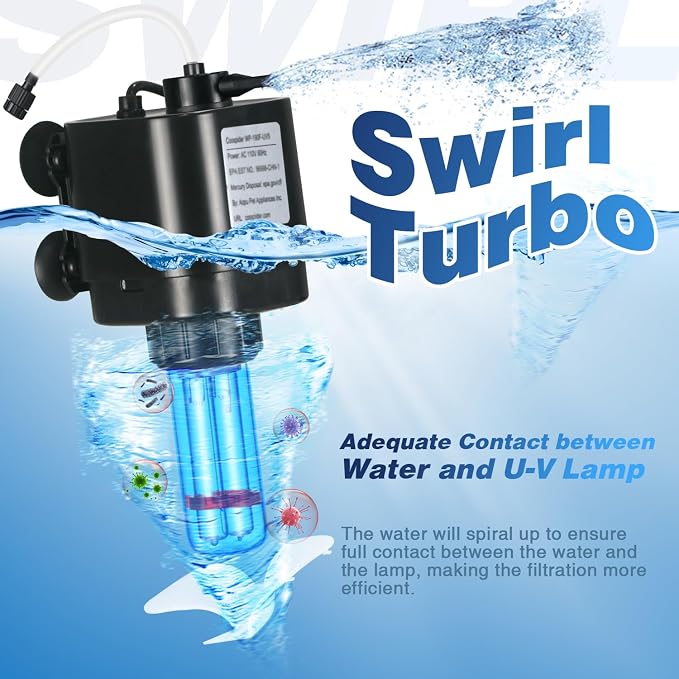 TARARIUM 10-40 Gallon U-V Aquarium Filter for Fish Turtle Tank, Swirl Turbo | Bio Sponge+U-V, Auto-Timer Bulb Lasts Longer, Clear Green Water, Quiet Internal Filter, Aeration, Saltwater Freshwater 132GPH