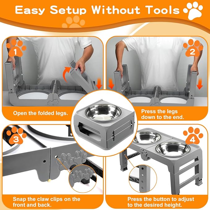 Elevated Dog Bowls for Large Dogs 5 Adjustable Heights 7.5"-15.4", 2 X-Large 10” Stainless Steel Bowls, Heavy Duty Raised Dog Bowl Stand Foldable Pet Feeder for Dogs Shoulder Height Over 15”, Grey