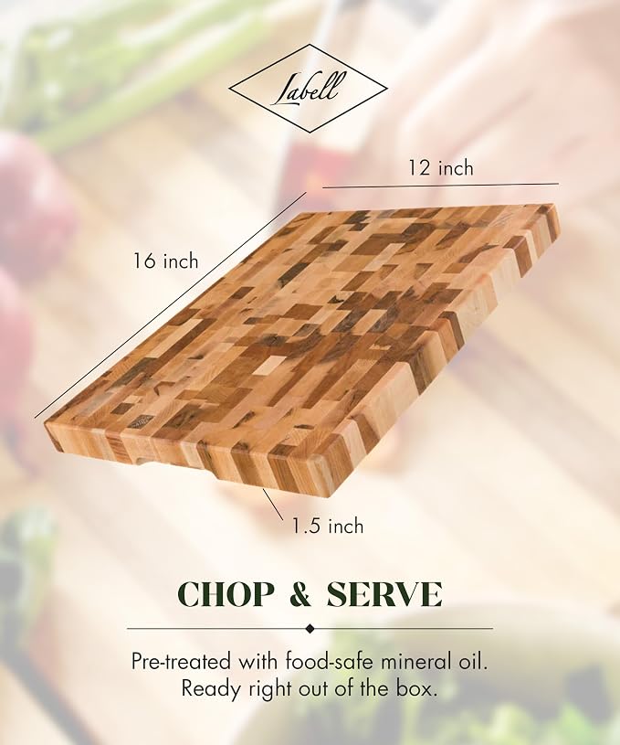 Labell Maple End-Grain Butcher Block, Juice Groove, 12 x 16 x 1.25 in | Checkered Cutting Board, Handcrafted in Canada, Thick, for Meat, Cheese, Charcuterie